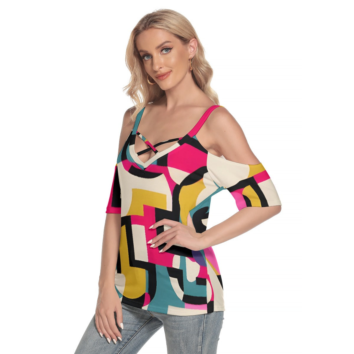 All-Over Print Women's Cold Shoulder T-shirt With Criss Cross Strips