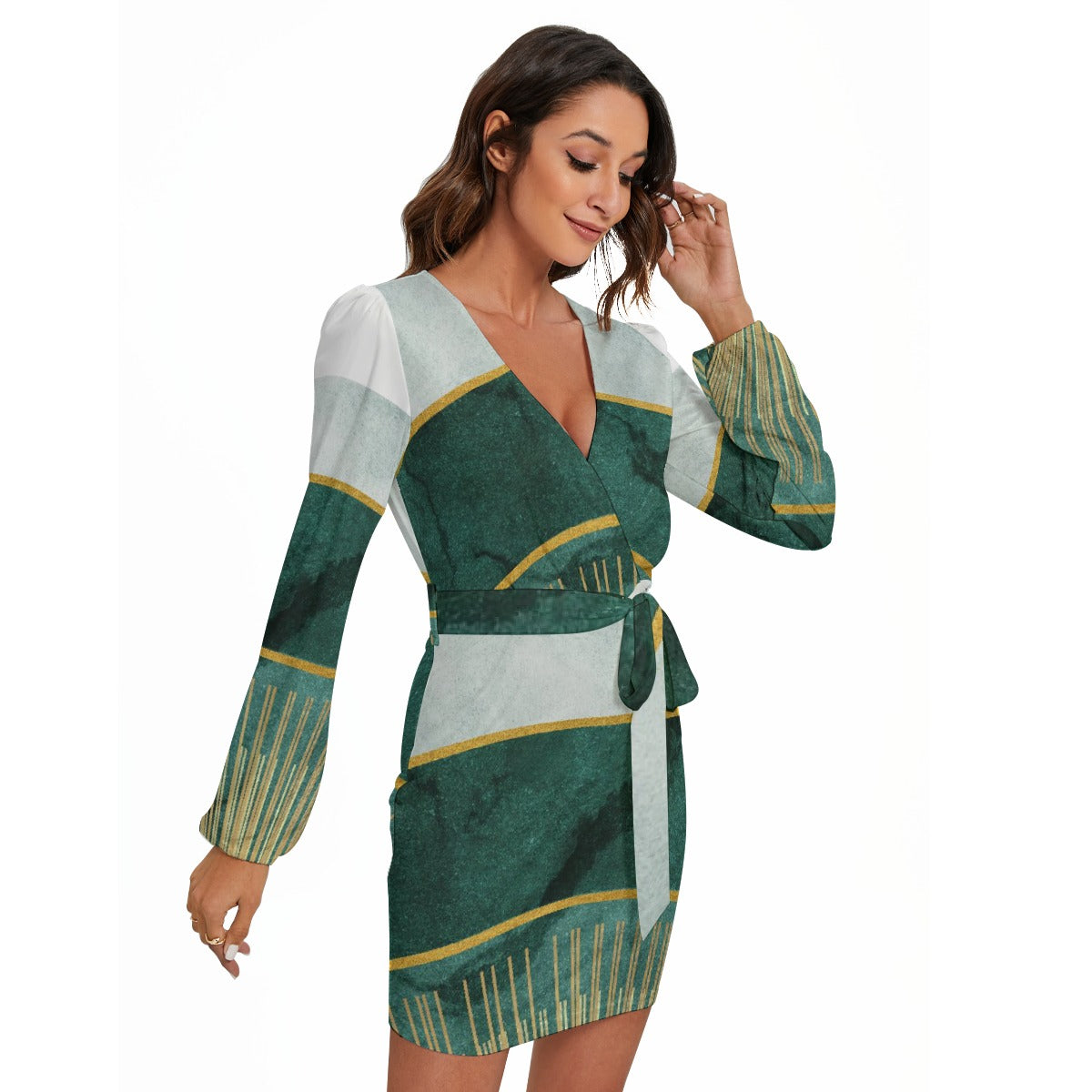 All-Over Print Women's Long Sleeve Dress With Waist Belt