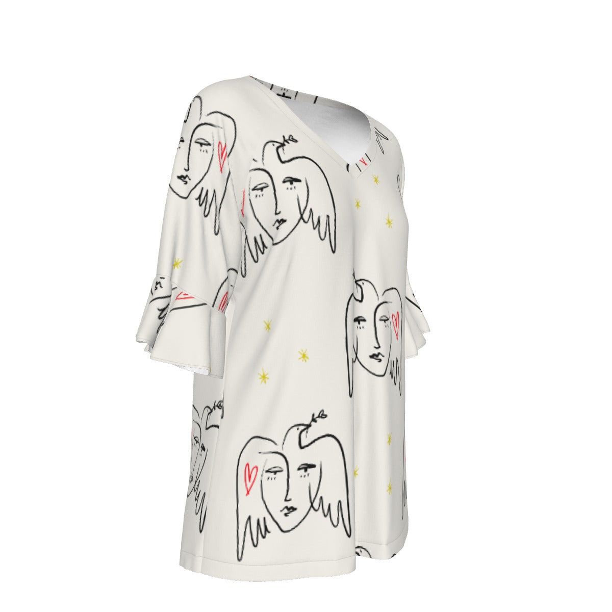 All-Over Print V-neck Women's T-shirt With Bell Sleeve