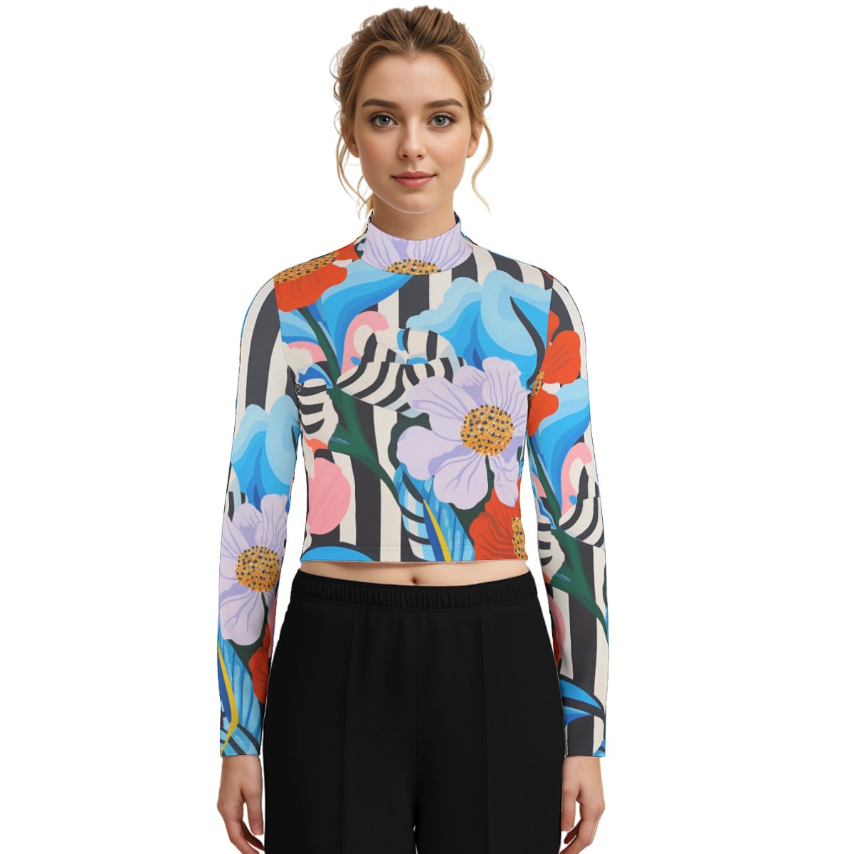 Eco-Friendly All-Over Print Women's Turtleneck T-shirt With Long Sleeve