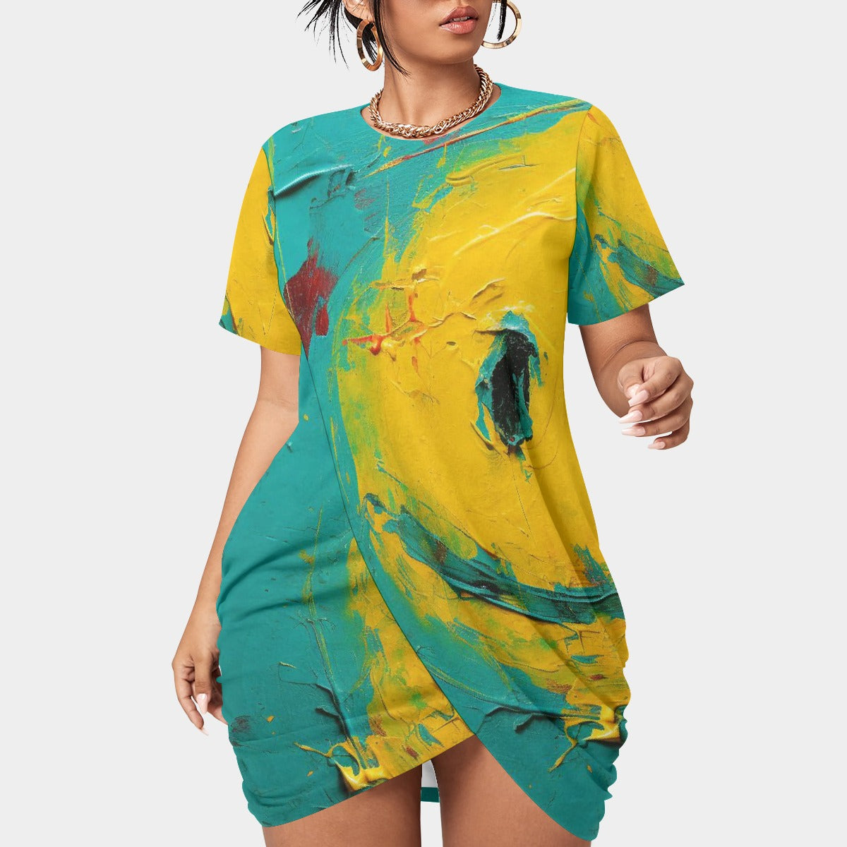 All-Over Print Women’s Stacked Hem Dress With Short Sleeve（Plus Size）