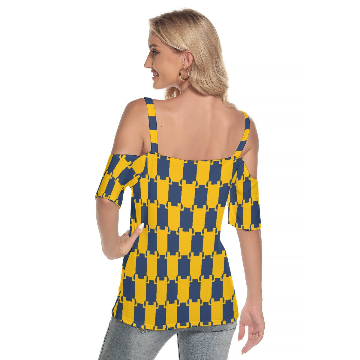 All-Over Print Women's Cold Shoulder T-shirt With Criss Cross Strips