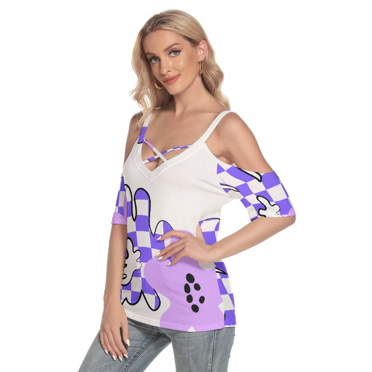 All-Over Print Women's Cold Shoulder T-shirt With Criss Cross Strips