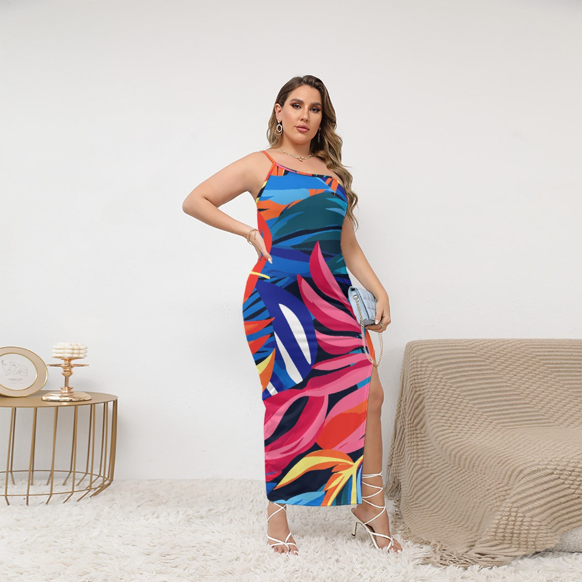 All-Over Print Women's Oblique-Shoulder Exposure Dress With Side Split (Plus Size)