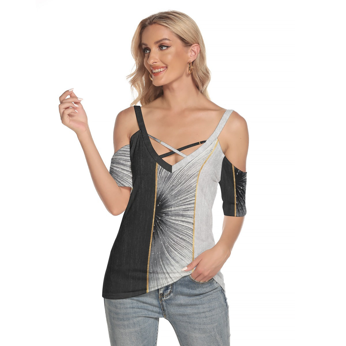 All-Over Print Women's Cold Shoulder T-shirt With Criss Cross Strips