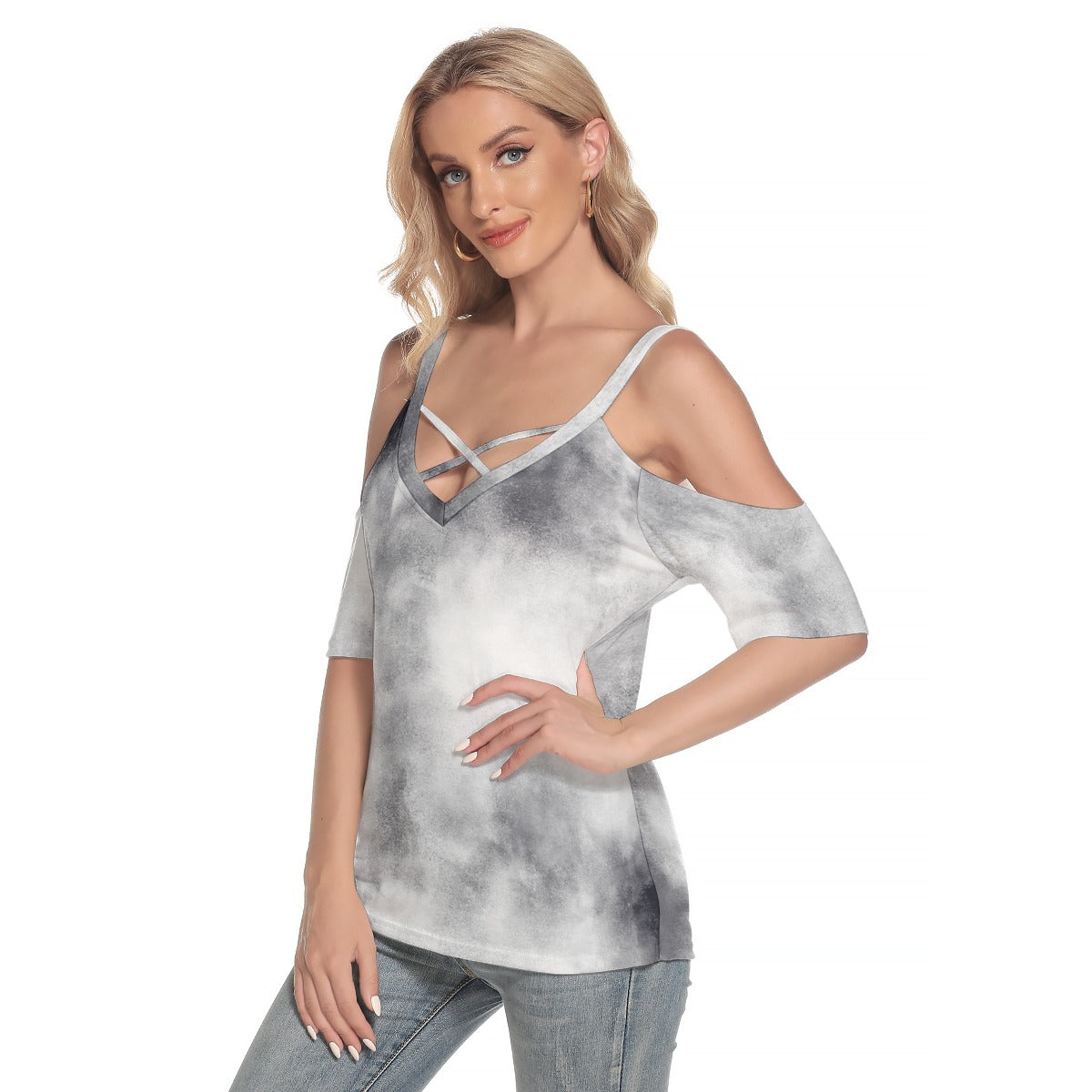 All-Over Print Women's Cold Shoulder T-shirt With Criss Cross Strips