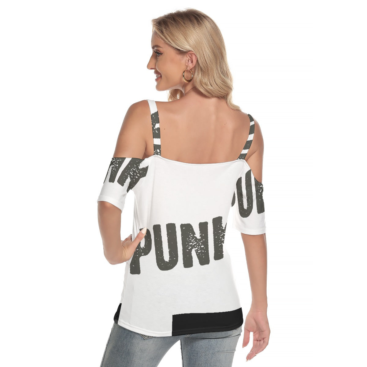 All-Over Print Women's Cold Shoulder T-shirt With Criss Cross Strips