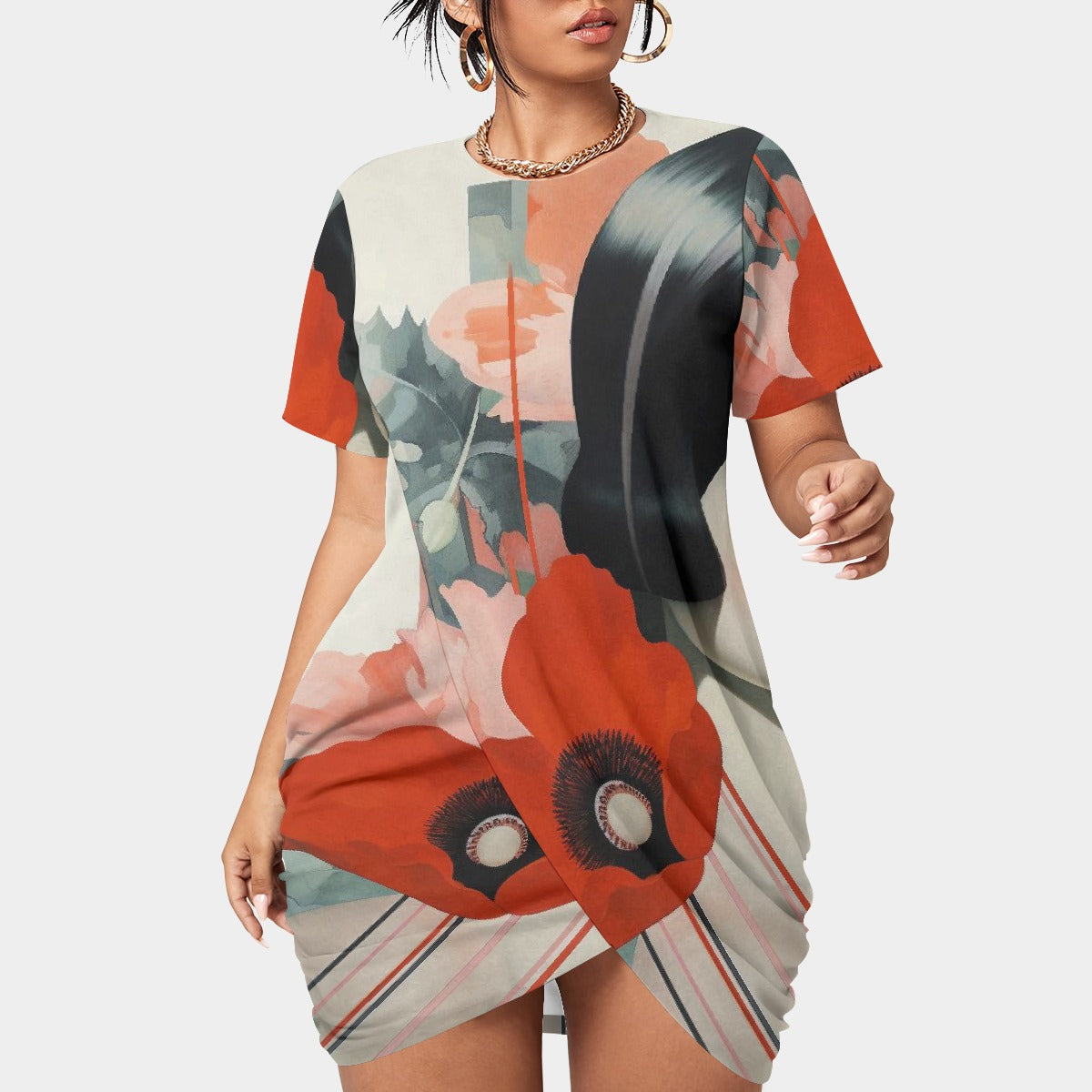 All-Over Print Women’s Stacked Hem Dress With Short Sleeve（Plus Size）