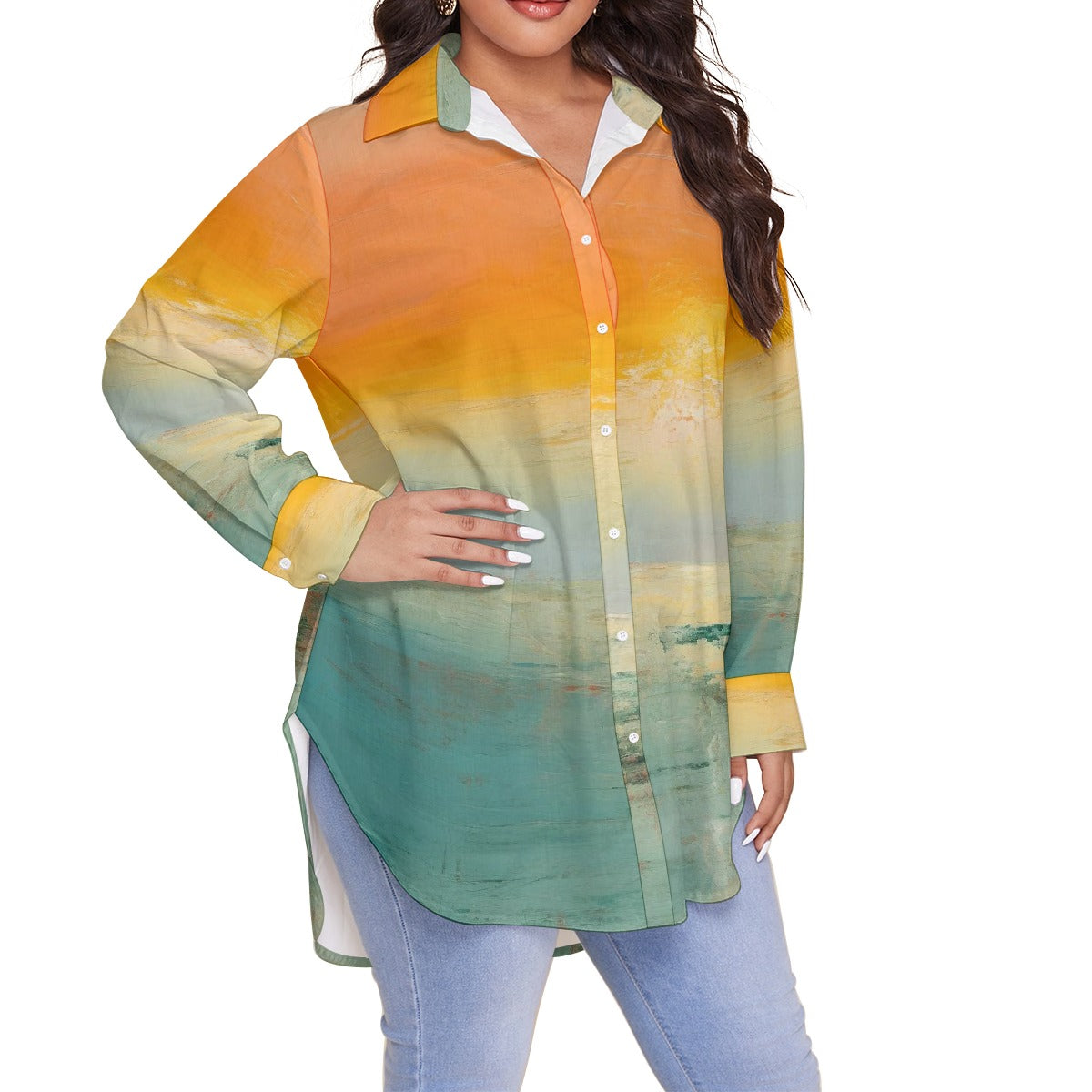 All-Over Print Women's Shirt With Long Sleeve(Plus Size)