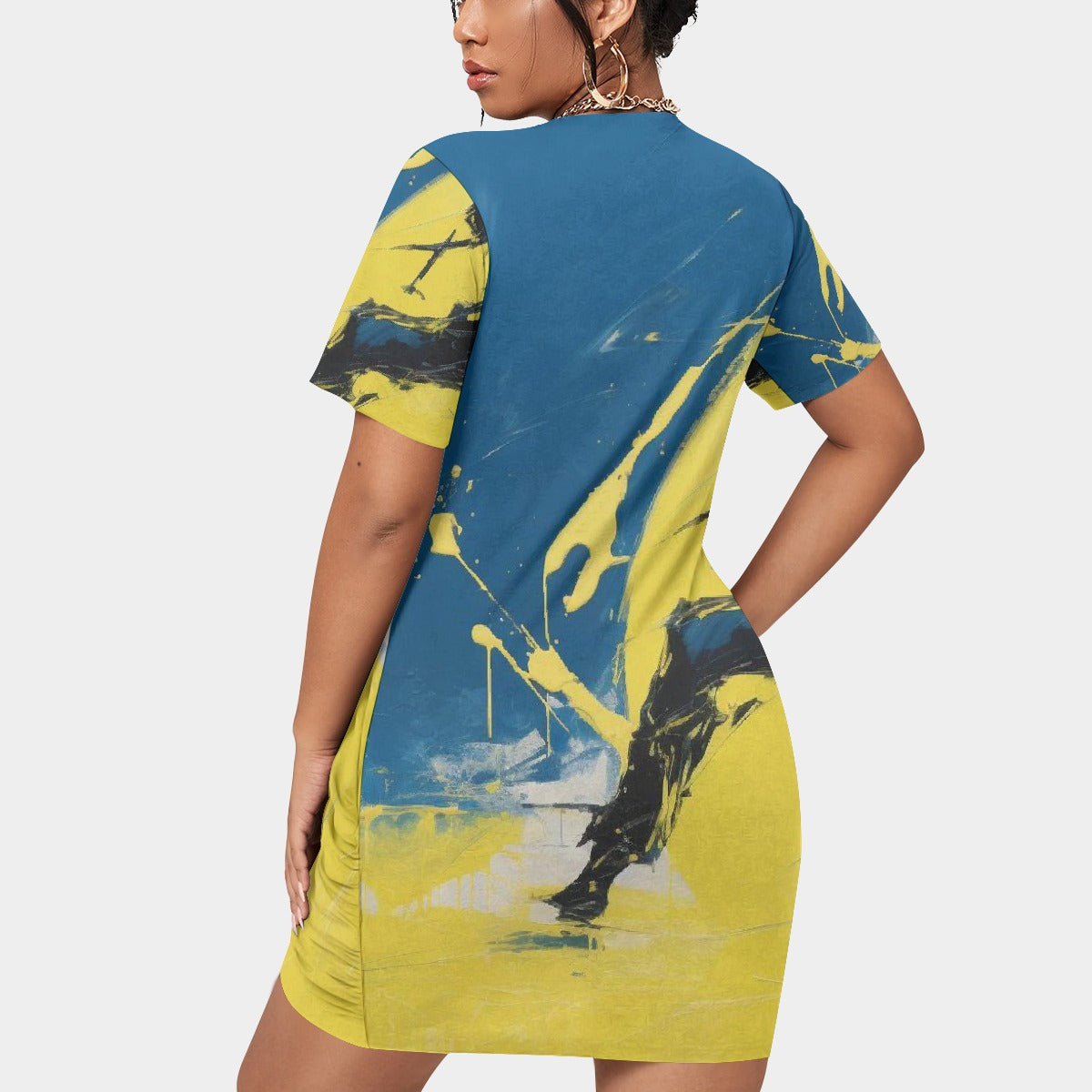 All-Over Print Women’s Stacked Hem Dress With Short Sleeve（Plus Size）