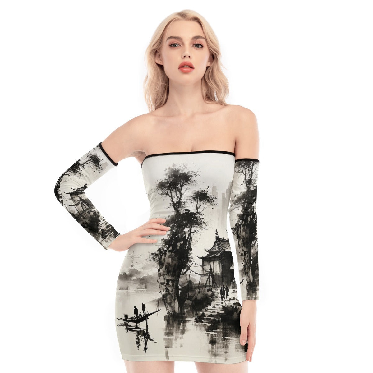 All-Over Print Women's Off-shoulder Back Lace-up Dress