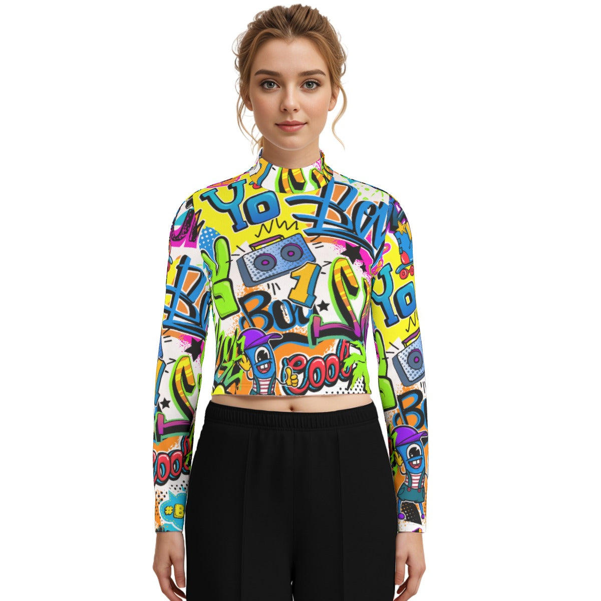 Eco-Friendly All-Over Print Women's Turtleneck T-shirt With Long Sleeve