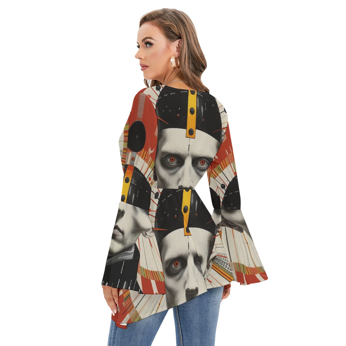 All-Over Print Women's V-neck Blouse With Flared Sleeves