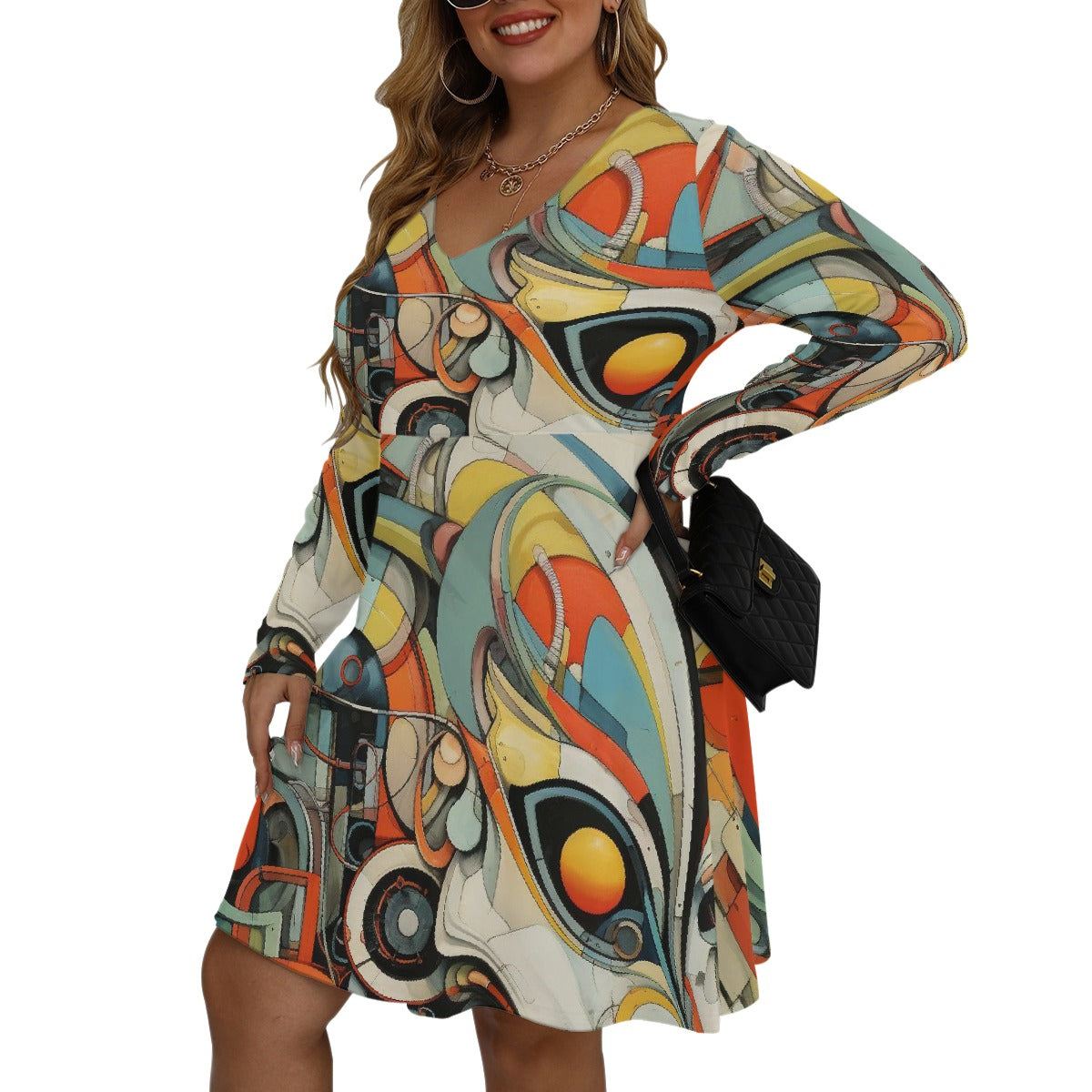 All-Over Print Women's V-neck Long Sleeve Dress(Plus Size)