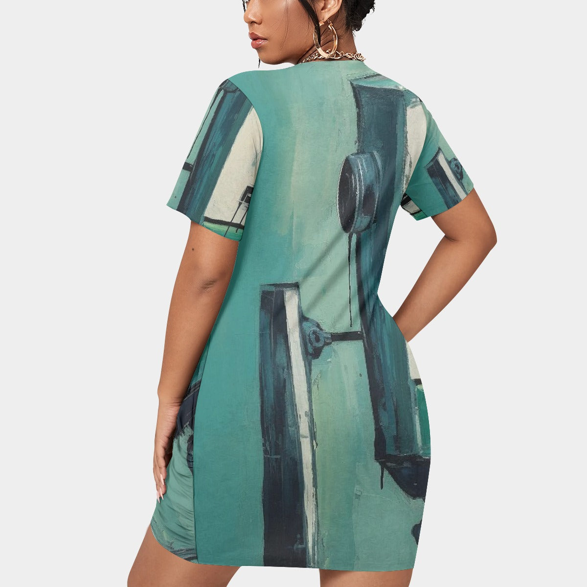 All-Over Print Women’s Stacked Hem Dress With Short Sleeve（Plus Size）