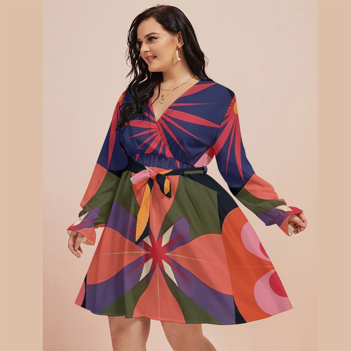 All-Over Print Women's V-neck Dress With Waistband(Plus Size)