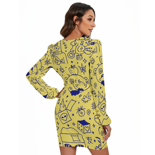 All-Over Print Women's Long Sleeve Dress With Waist Belt