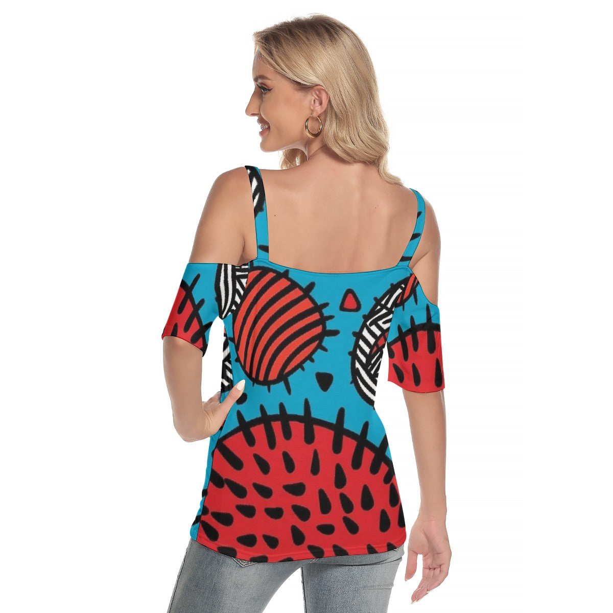 All-Over Print Women's Cold Shoulder T-shirt With Criss Cross Strips