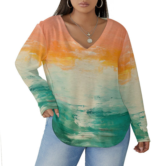 All-Over Print Women's V-neck T-shirt With Curved Hem(Plus Size)