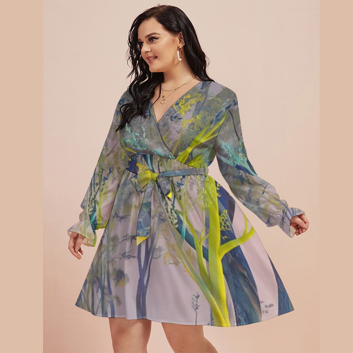 All-Over Print Women's V-neck Dress With Waistband(Plus Size)