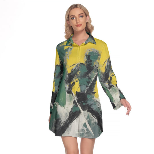 All-Over Print Women's Lapel Shirt Dress With Long Sleeve