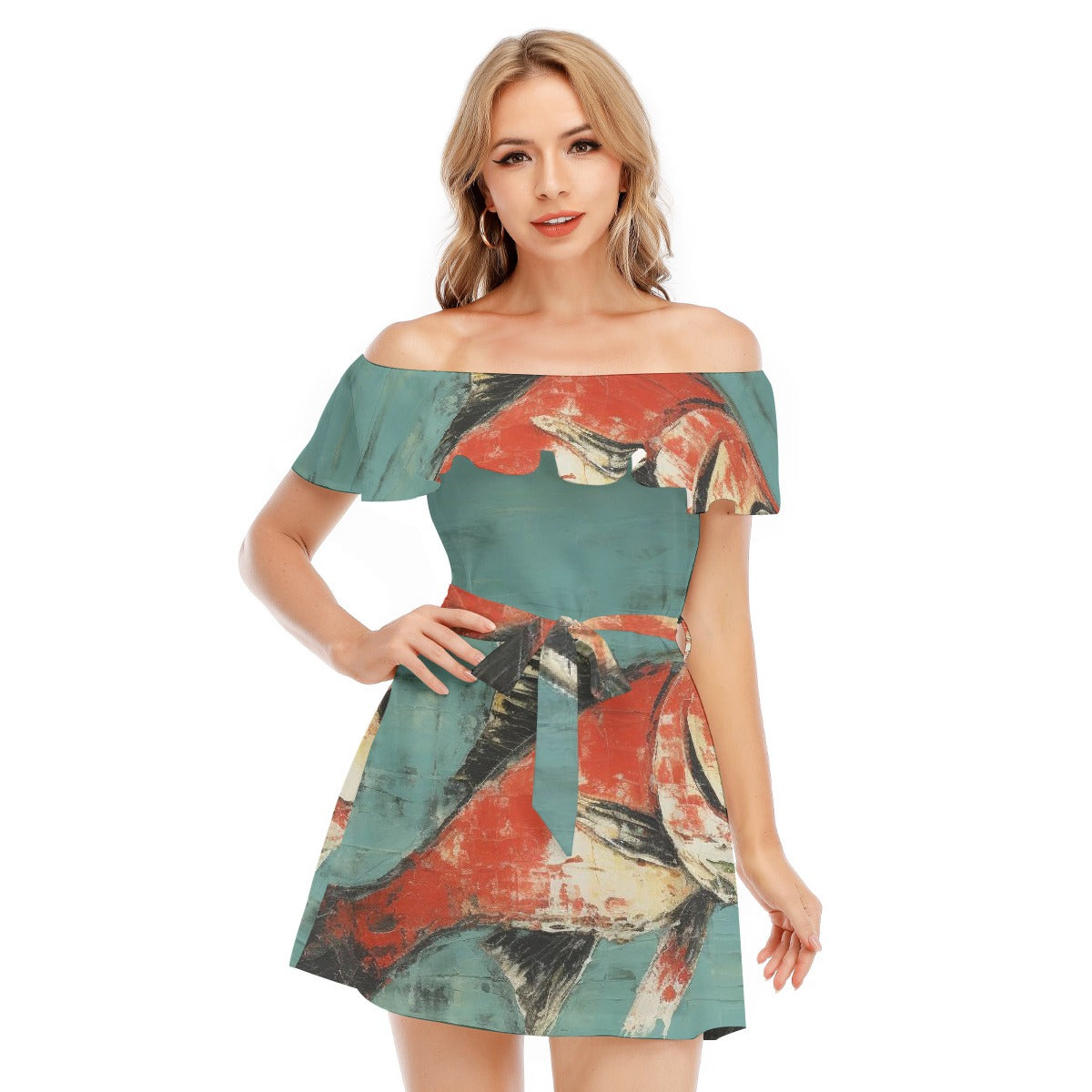 All-Over Print Women's Off-shoulder Dress With Ruffle