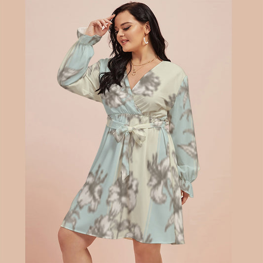 All-Over Print Women's V-neck Dress With Waistband(Plus Size)