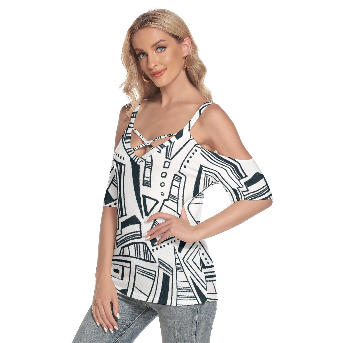 All-Over Print Women's Cold Shoulder T-shirt With Criss Cross Strips