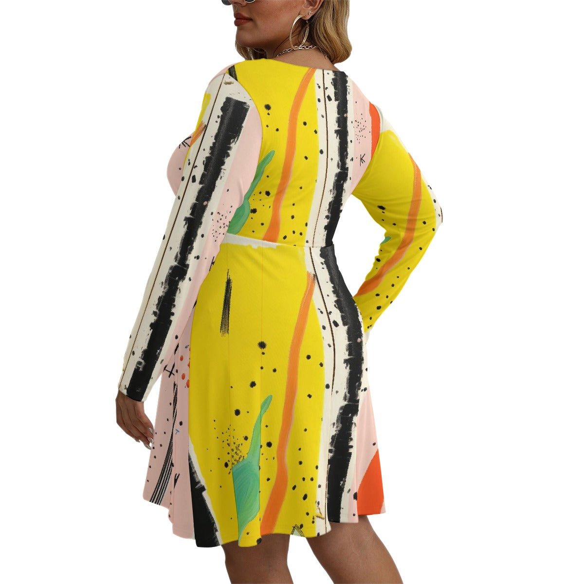 All-Over Print Women's V-neck Long Sleeve Dress(Plus Size)