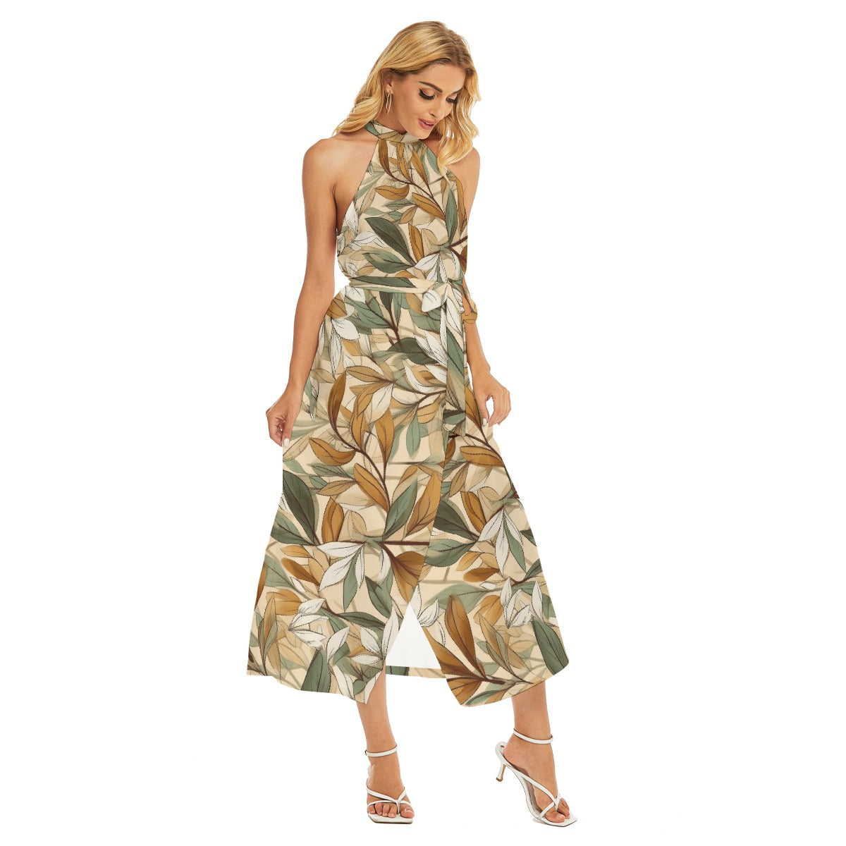 All-Over Print Women's Wrap Hem Belted Halter Dress