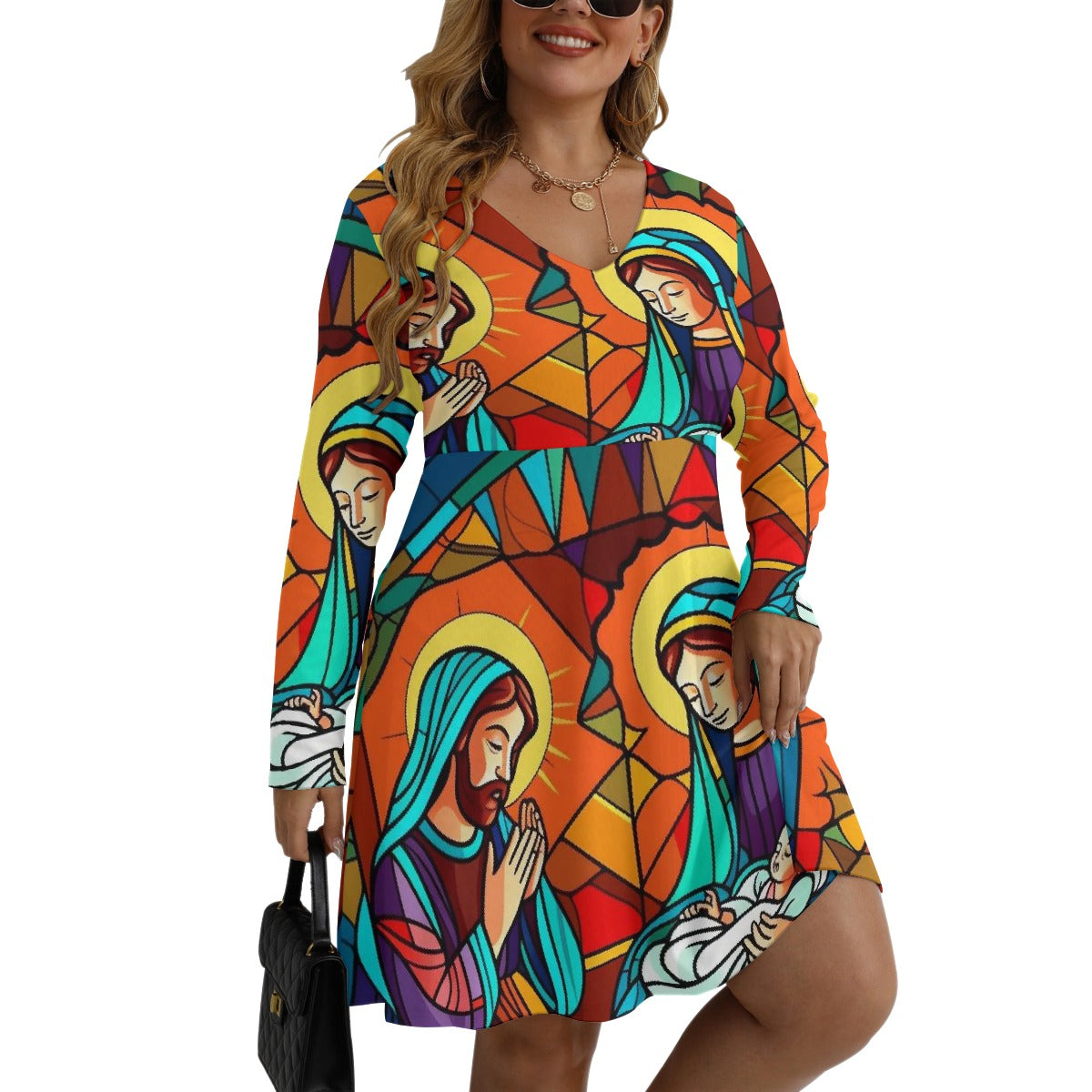 All-Over Print Women's V-neck Long Sleeve Dress(Plus Size)