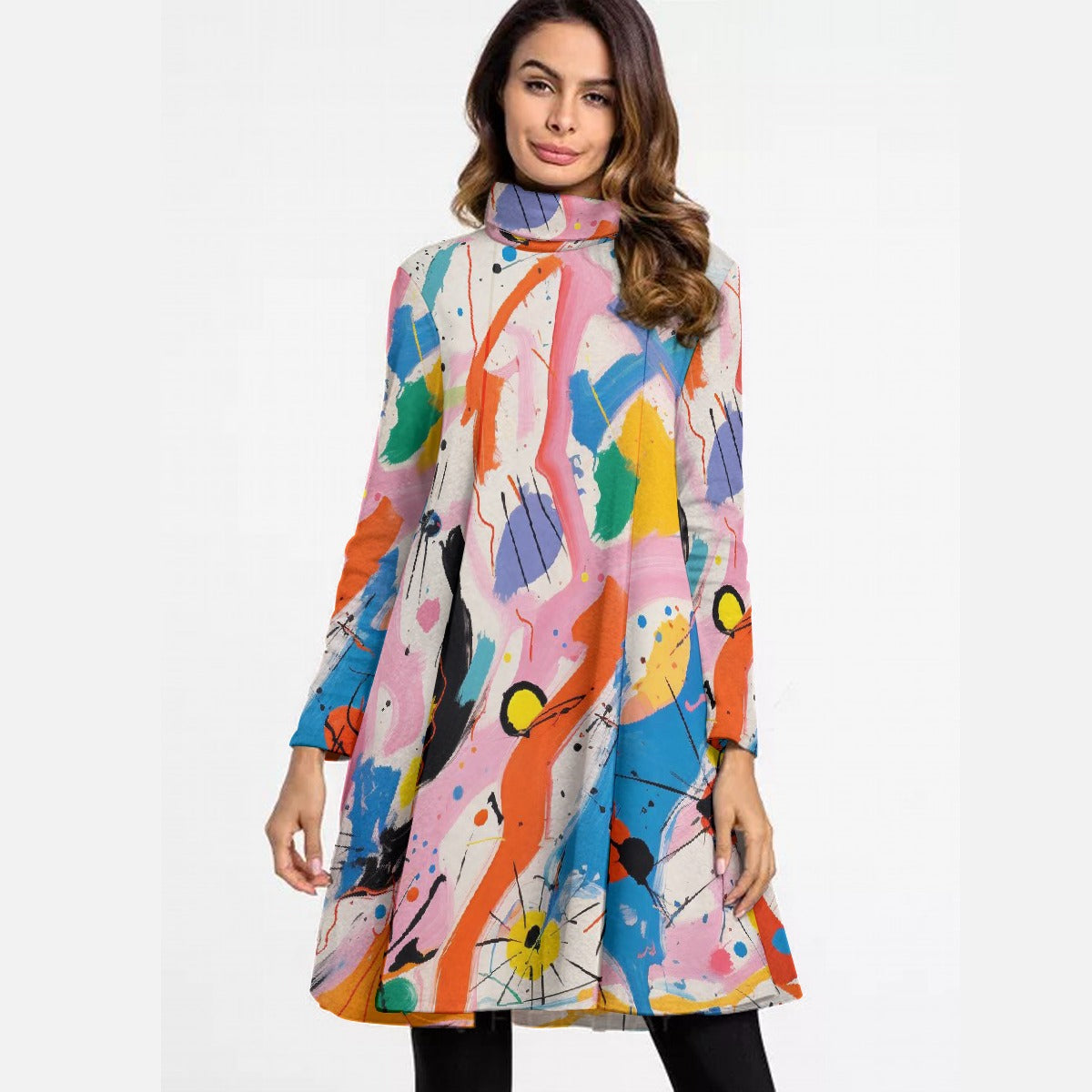 All-Over Print Women's High Neck Dress With Long Sleeve