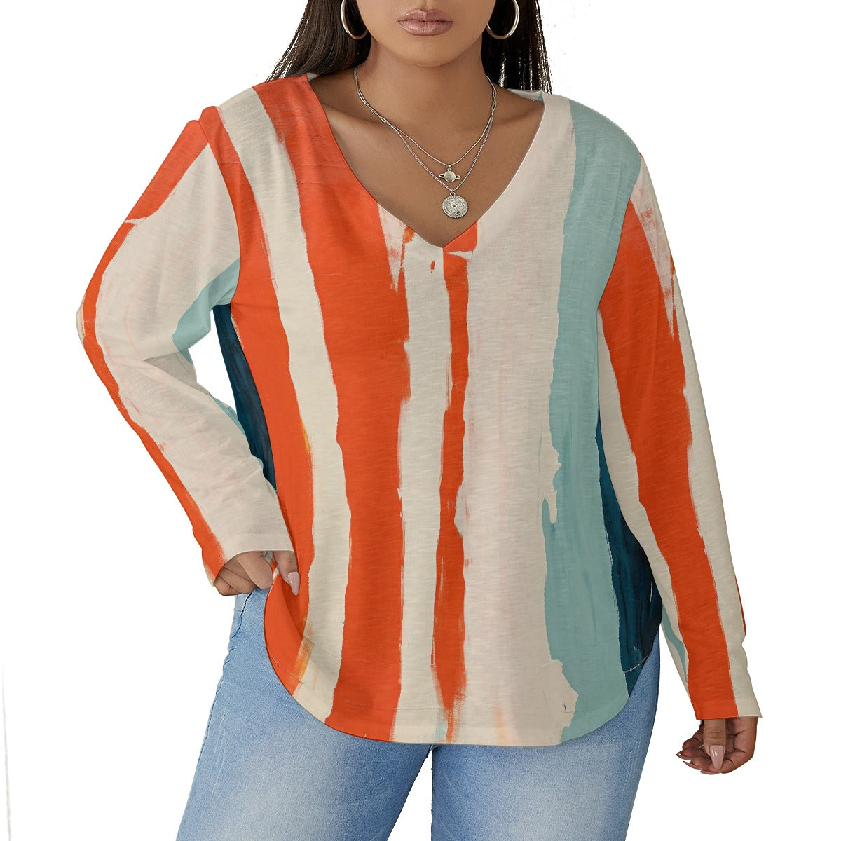 All-Over Print Women's V-neck T-shirt With Curved Hem(Plus Size)