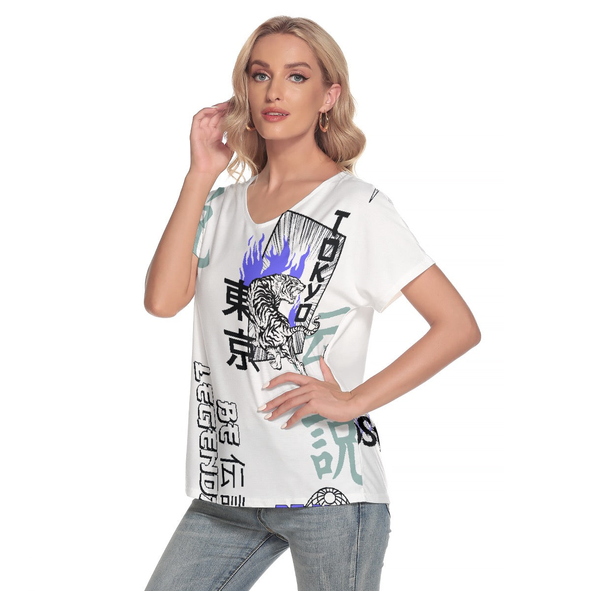 All-Over Print Women's Loose V-neck Short Sleeve T-shirt