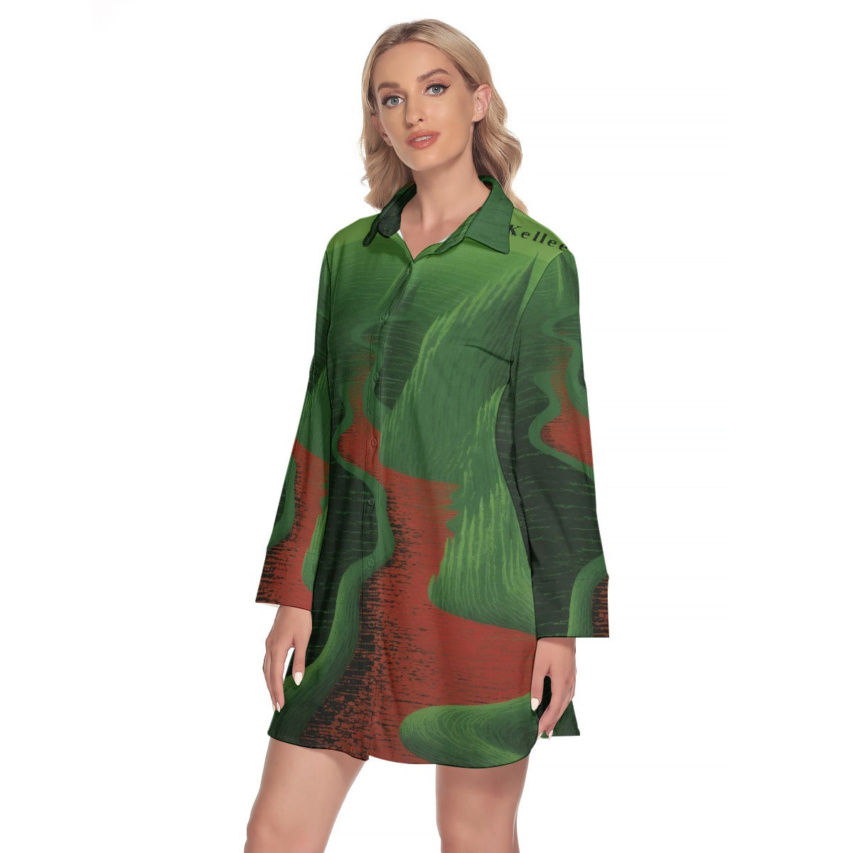 All-Over Print Women's Lapel Shirt Dress With Long Sleeve