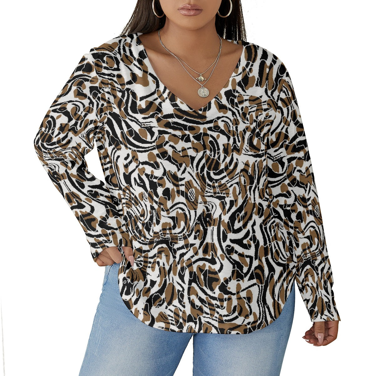 All-Over Print Women's V-neck T-shirt With Curved Hem(Plus Size)