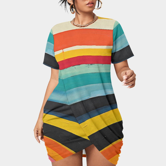 All-Over Print Women’s Stacked Hem Dress With Short Sleeve（Plus Size）