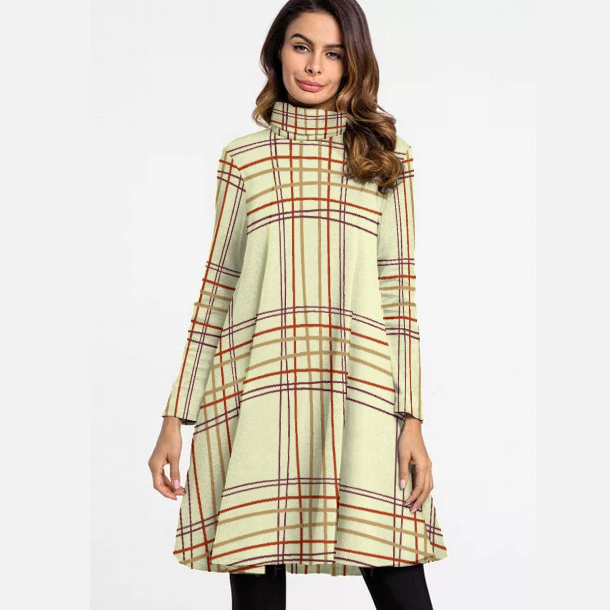 All-Over Print Women's High Neck Dress With Long Sleeve