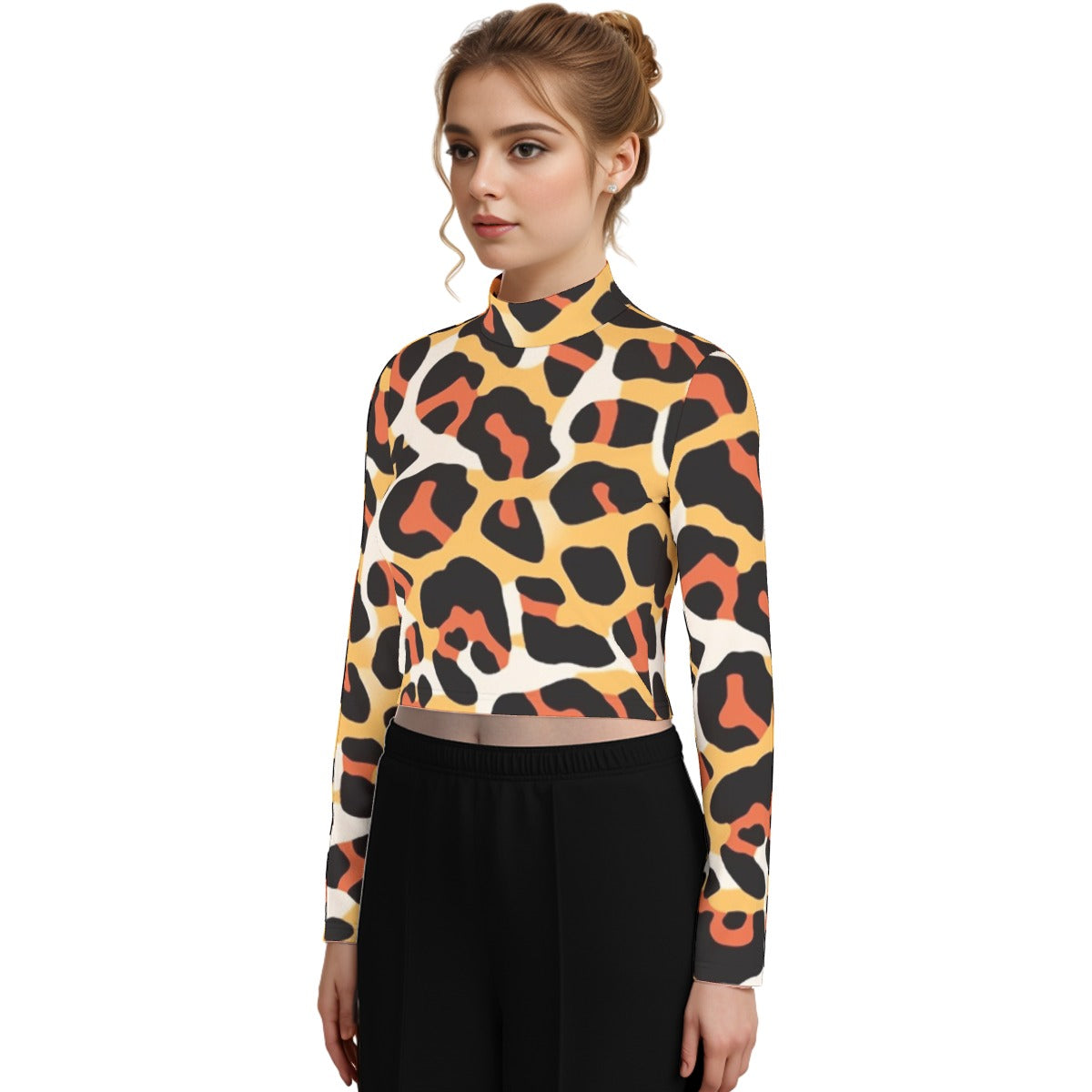 Eco-Friendly All-Over Print Women's Turtleneck T-shirt With Long Sleeve