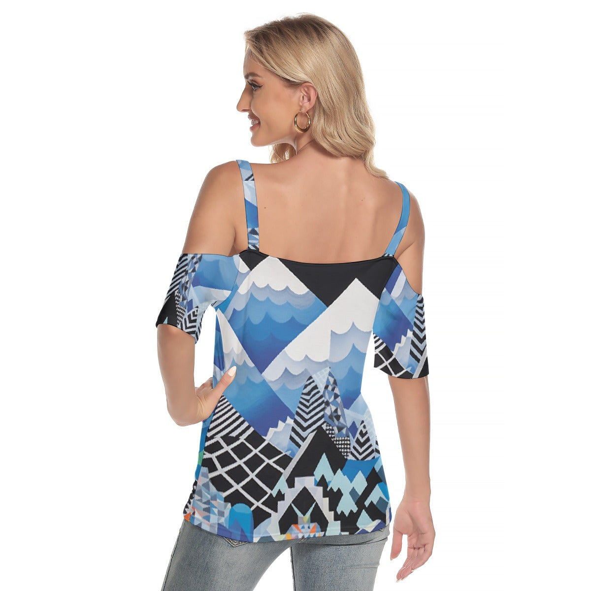 All-Over Print Women's Cold Shoulder T-shirt With Criss Cross Strips