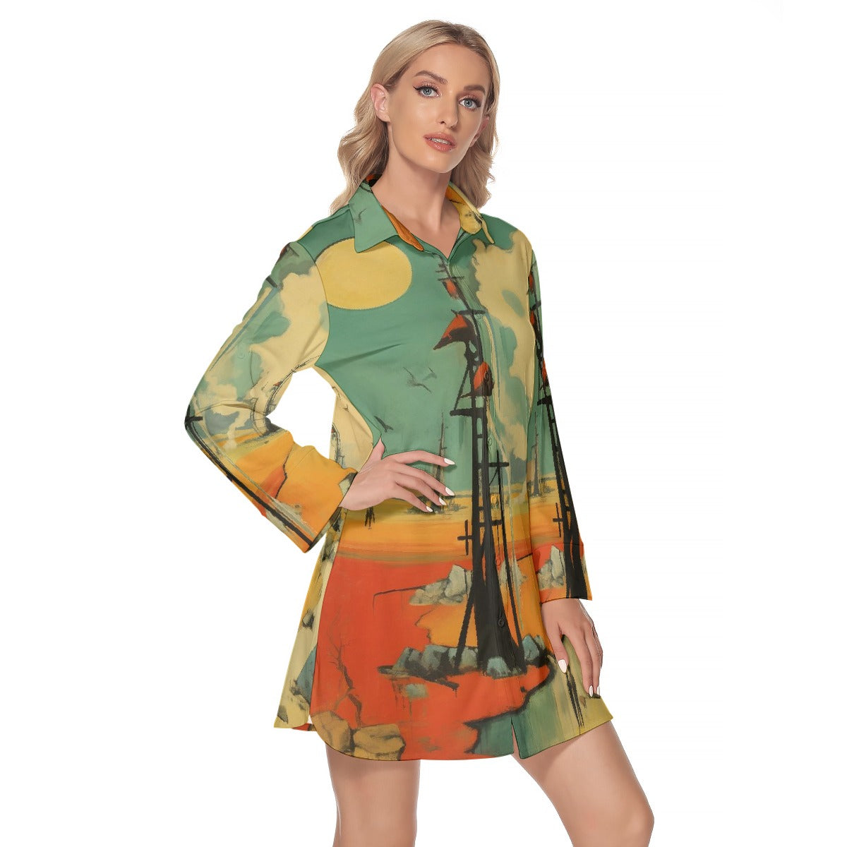 All-Over Print Women's Lapel Shirt Dress With Long Sleeve