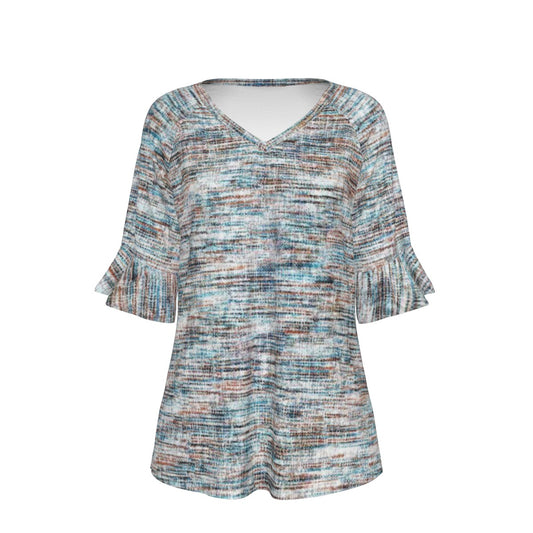 All-Over Print V-neck Women's T-shirt With Bell Sleeve