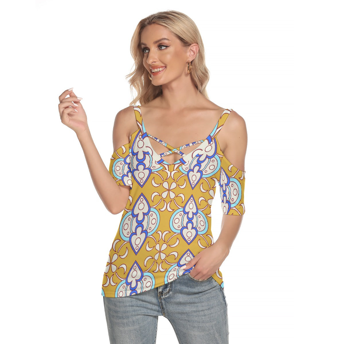 All-Over Print Women's Cold Shoulder T-shirt With Criss Cross Strips