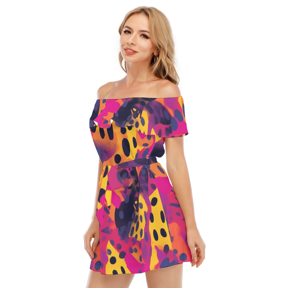 All-Over Print Women's Off-shoulder Dress With Ruffle