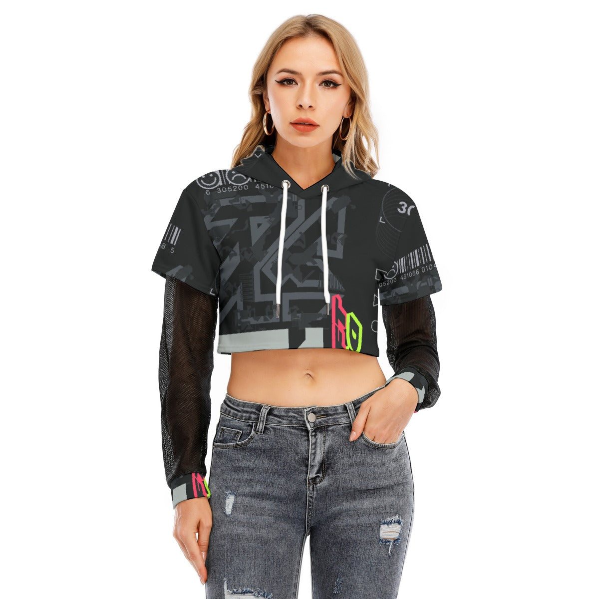 All-Over Print Women's Fake Two-piece Mesh Sleeve Cropped Hoodie