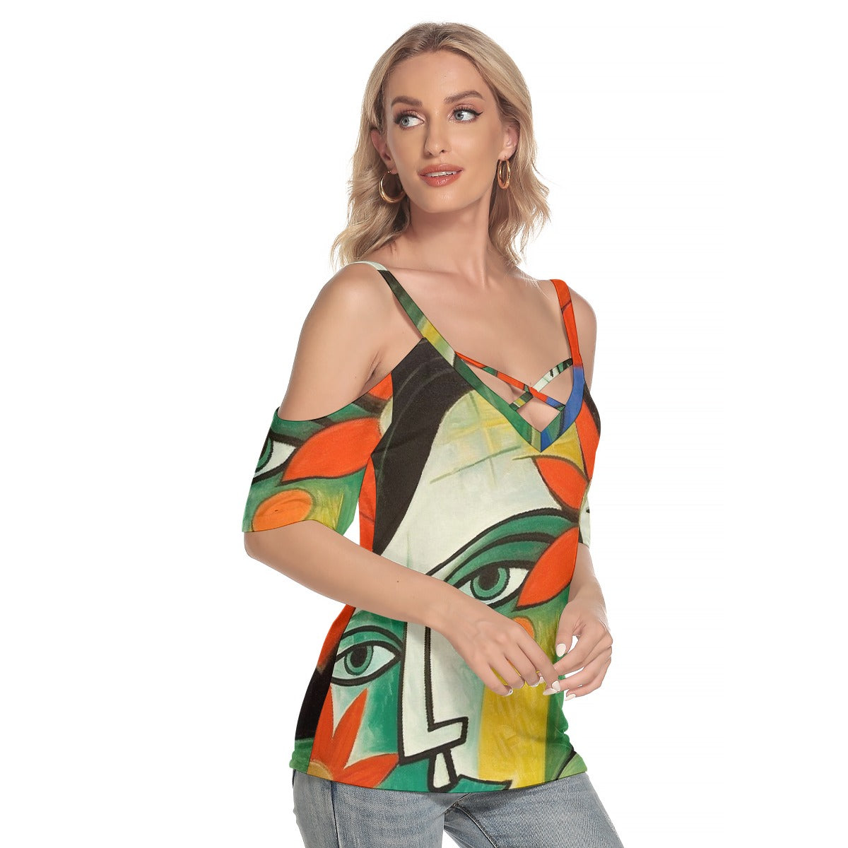 All-Over Print Women's Cold Shoulder T-shirt With Criss Cross Strips