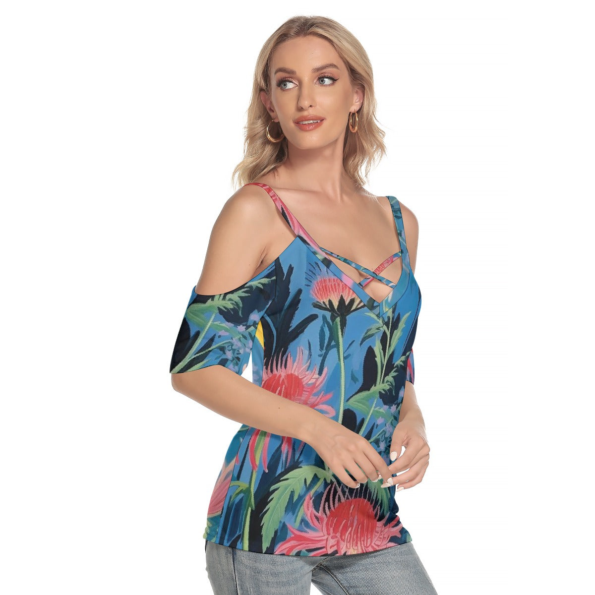 All-Over Print Women's Cold Shoulder T-shirt With Criss Cross Strips