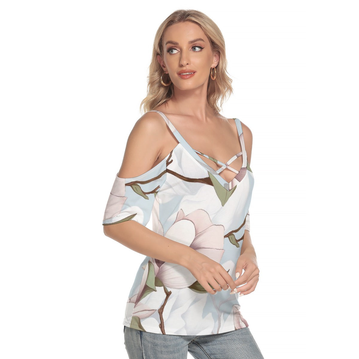 All-Over Print Women's Cold Shoulder T-shirt With Criss Cross Strips