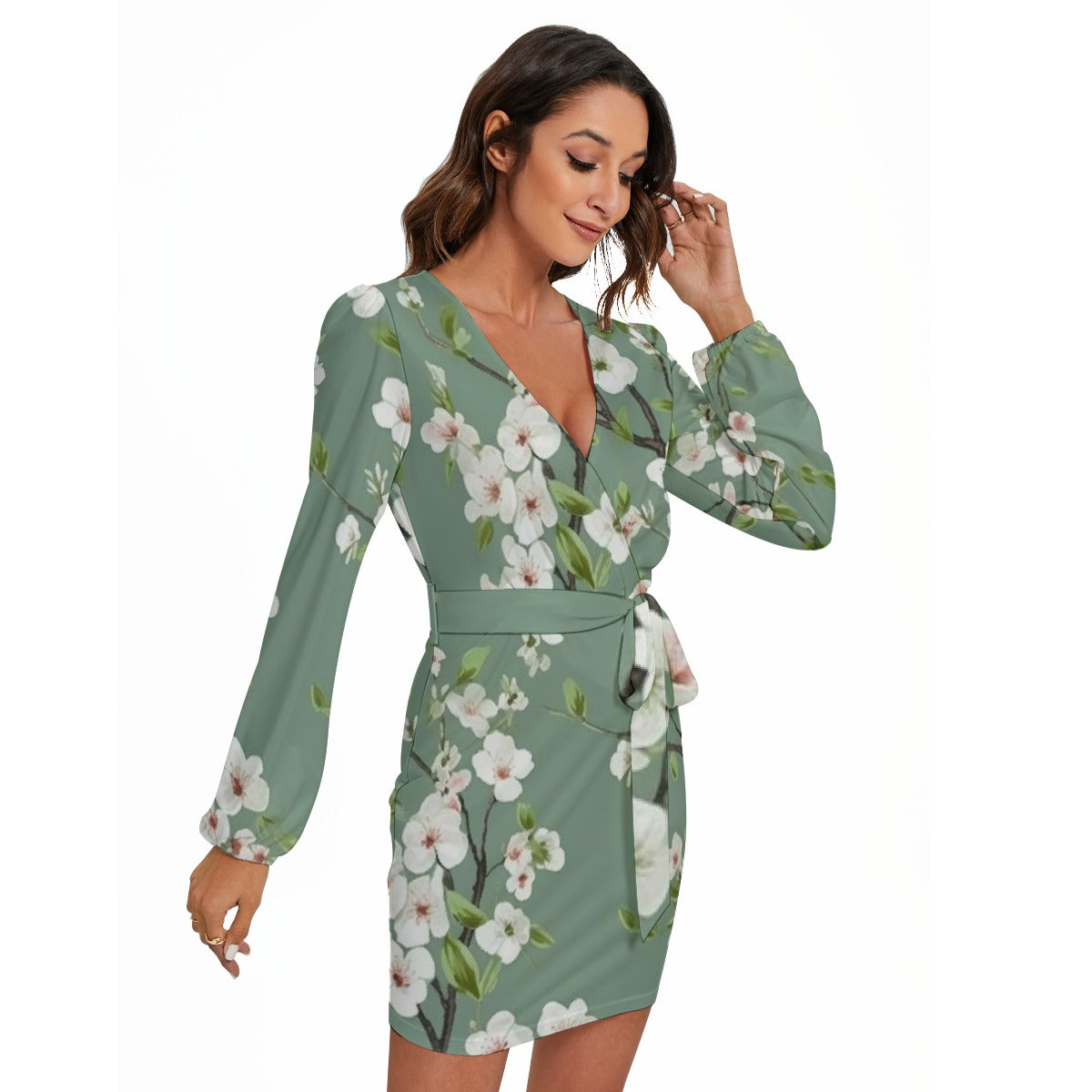 All-Over Print Women's Long Sleeve Dress With Waist Belt