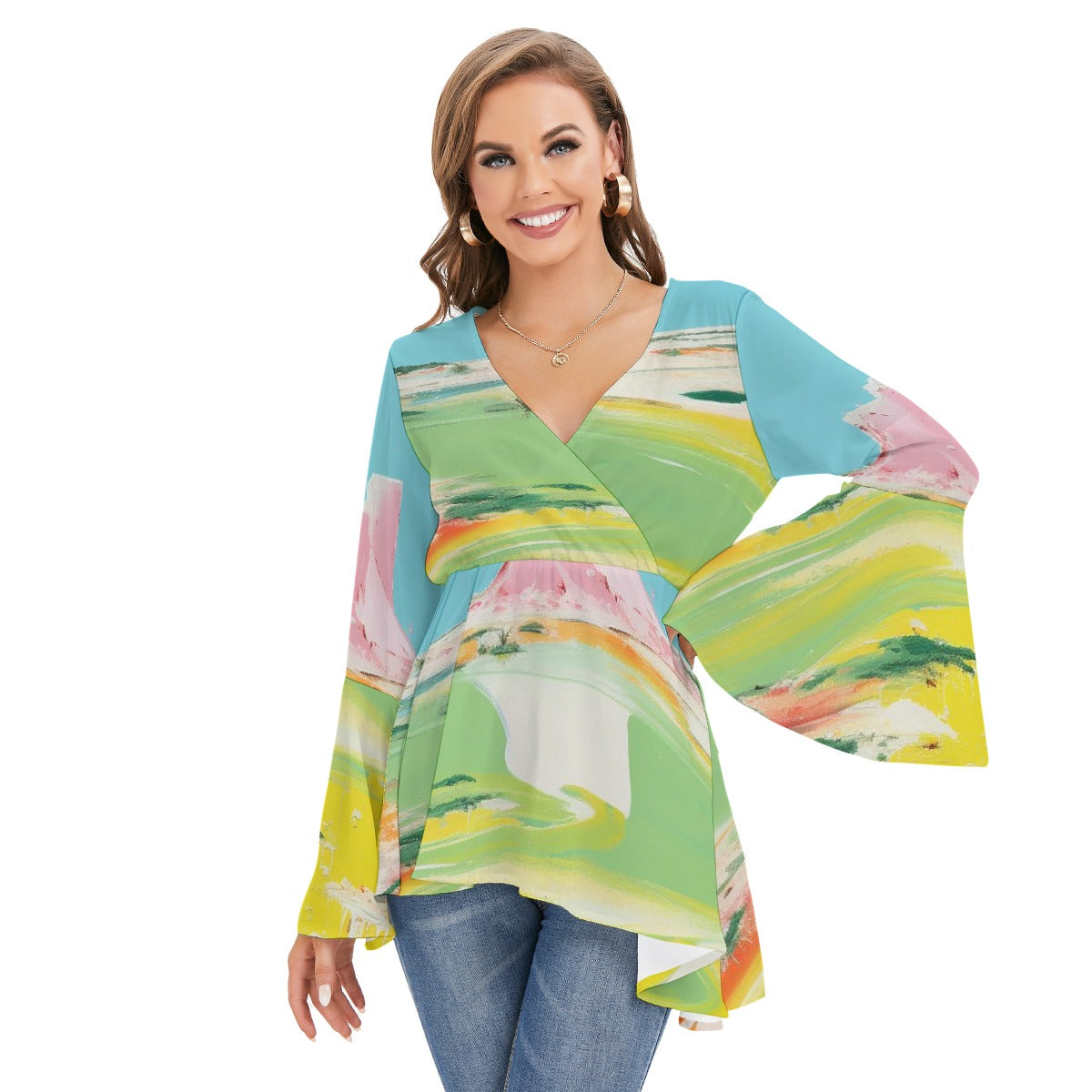 All-Over Print Women's V-neck Blouse With Flared Sleeves